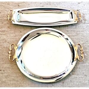 2 VTG Kromex Chrome Serving Trays Gold Handles Mid Century Modern Round Oblong
